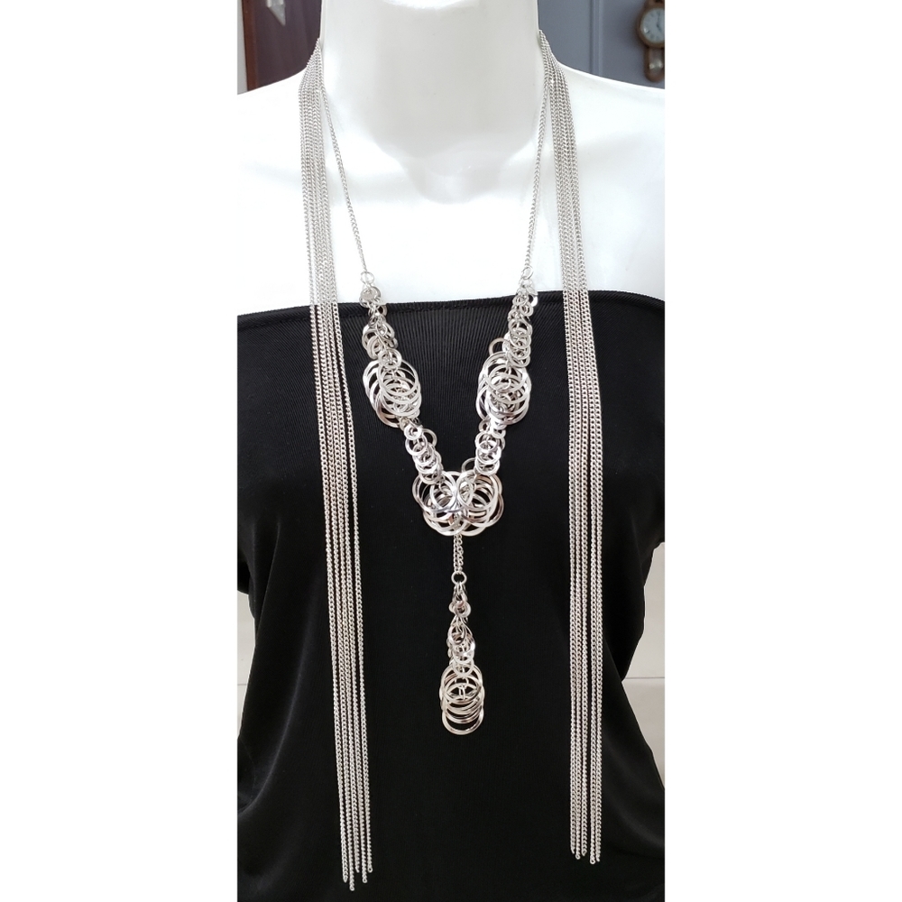 NEW Boho Endless Silver Circles Multi Strands Necklace